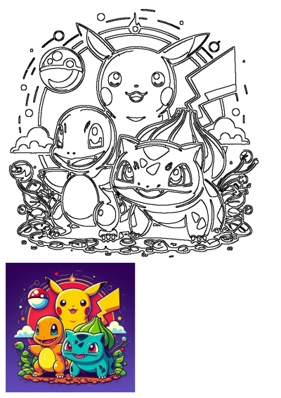 Outline of beloved Pokémon characters Pikachu, Charmander, and Bulbasaur, perfect for fans to add their own vibrant colors.