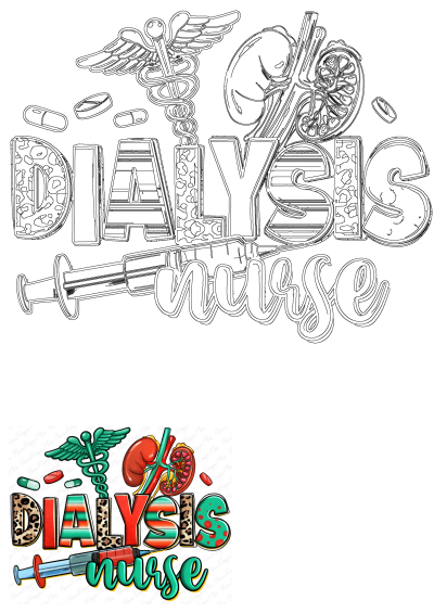 Vibrant dialysis nurse medical design featuring kidneys, a syringe, pills, and a caduceus. Great for healthcare professionals.
