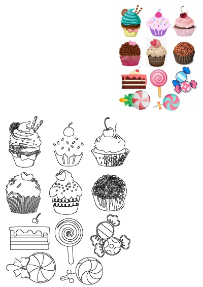A vibrant assortment of colorful cupcakes, lollipops, candies, and cake slices on a white background, alongside their black-and-white outline versions for coloring.