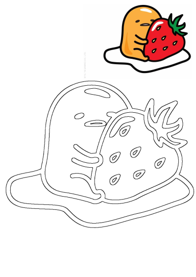 Gudetama, the cute and lazy egg cartoon character, affectionately hugs a bright red strawberry, an endearing scene for fans.