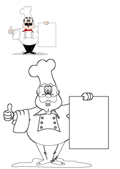 Cheerful cartoon chef holding a blank menu board and giving a thumbs up, with a black and white outline version below.