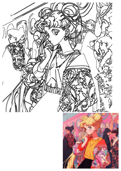 Sailor Moon anime character wearing modern, colorful clothing like a yellow top and patterned jacket, on a bustling street.