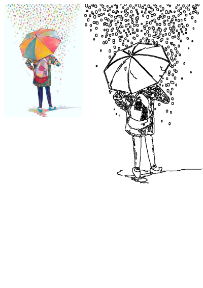 Vibrant art drawing featuring a person holding a multi-colored striped umbrella while colorful confetti dots fall like rain.