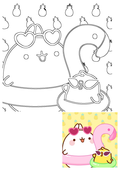 Cute cartoon animal in heart sunglasses on a flamingo float, with a chick in shades on an inner tube, surrounded by pineapples for summer.