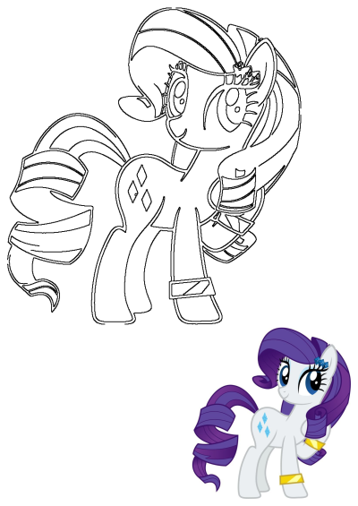 My Little Pony Rarity character outline drawing with purple hair and blue eyes, accompanied by a full color reference image.