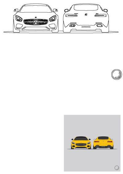 A vibrant yellow Mercedes-Benz AMG GT sports car is shown in both front and rear views, side by side, against a clean gray background.