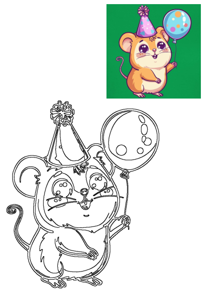 A happy cartoon mouse wearing a pink party hat and holding a blue polka dot balloon, perfect for birthdays and celebrations.