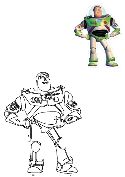 Buzz Lightyear Toy Story character in full color standing pose, alongside a black and white outline drawing for coloring.