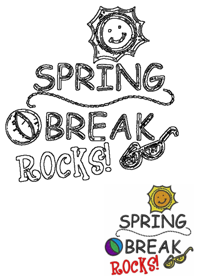 A vibrant embroidery design featuring "SPRING BREAK ROCKS!" with a smiling sun, beach ball, and stylish sunglasses, perfect for spring.