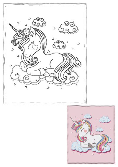 Cute unicorn napping peacefully on a bed of fluffy clouds with sparkling stars. Features both black outline and vibrant colored artwork.