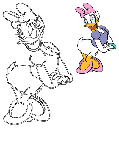 Daisy Duck, a Disney cartoon character, is shown as both a vibrant, smiling illustration and a detailed black outline.