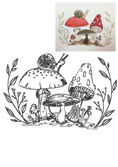 A charming watercolor illustration features a snail on a red toadstool, surrounded by mushrooms and forest foliage. Includes line art.