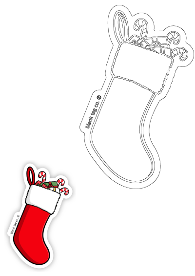 A festive red Christmas stocking sticker bursting with gifts and candy canes, alongside a matching outline graphic template perfect for holiday designs.