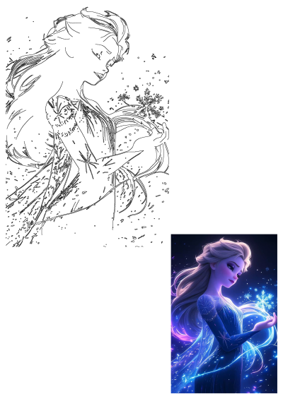 Elsa, the ice queen from Frozen, conjures a glowing snowflake with magic, adorned in her shimmering blue dress, rendered as stunning digital art.