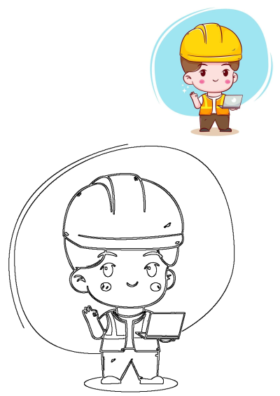 A cute cartoon engineer character wearing a yellow safety helmet and orange vest, holding a laptop and smiling.