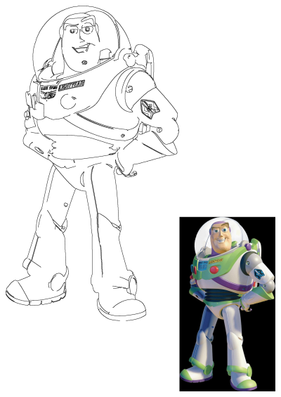 A line art drawing of Buzz Lightyear, the iconic Toy Story character and space ranger, standing heroically.