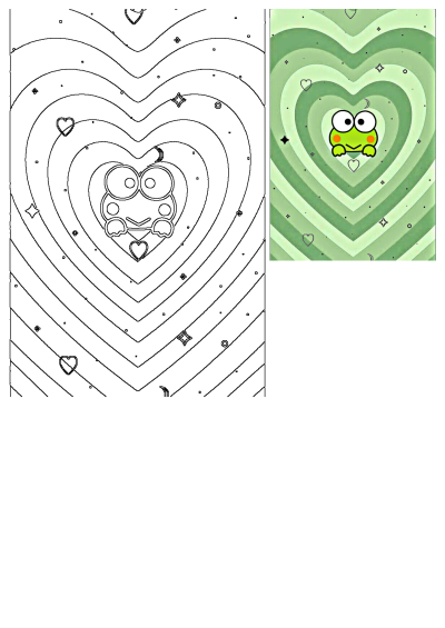 A cute green frog character peeking from the bottom, set against a background of concentric green heart patterns.