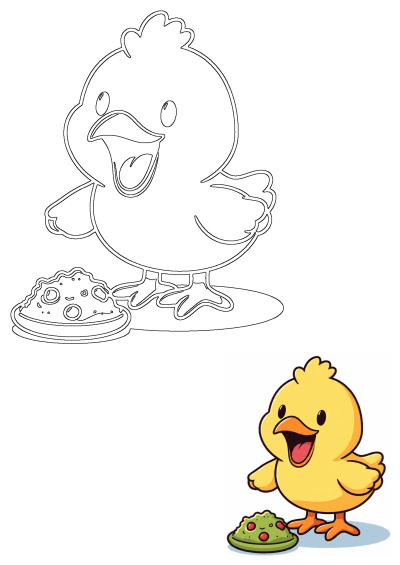 An adorable yellow cartoon chick grins beside a fresh green salad, also featuring an outline version for creative activities.