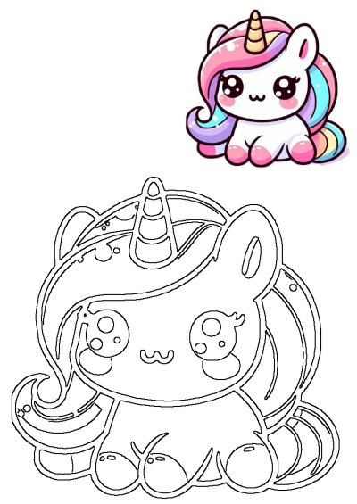 Kawaii unicorn graphic with colorful rainbow mane and horn, paired with a matching black line art outline for fun activities.