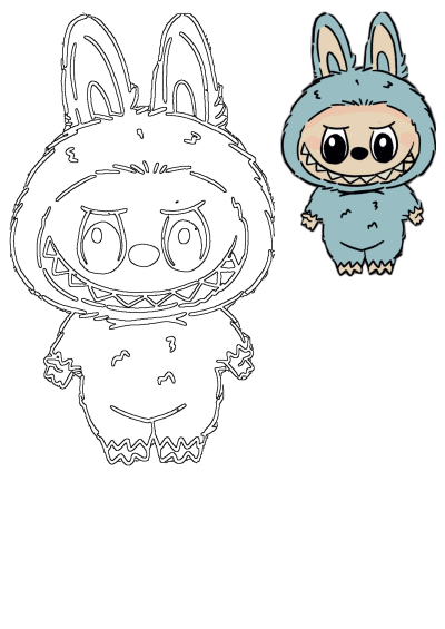 Cute blue monster with bunny ears, big black eyes, rosy cheeks, and a toothy grin. Features both colored and outline versions.
