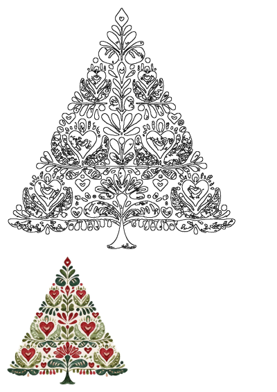 Intricate folk art Christmas tree outline, adorned with hearts and leaves, perfect for creative projects or festive decor inspiration.
