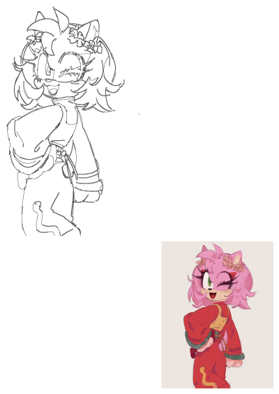 Amy Rose in a stunning red Chinese dress and flower crown, depicted as both a detailed line art sketch and a vibrantly colored illustration.