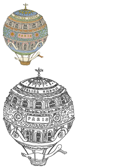 Ornate hot air balloon illustration inspired by Paris, featuring a white swan passenger and 'Atelier Choux' branding. Includes both colored and outline versions.