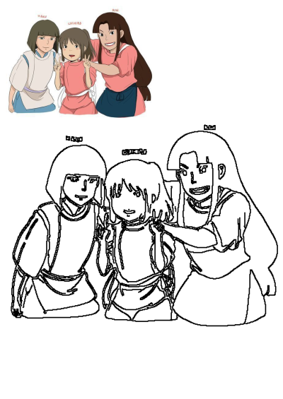 Spirited Away fanart of Haku, Chihiro making peace signs, and smiling Rin. Features both a vibrant colored illustration and a black-and-white line art version.