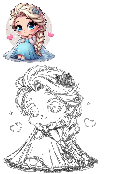 Cute chibi Elsa from Frozen featuring blonde braided hair, blue dress, hearts, and sparkles. Includes a vibrant illustration and an outline version for coloring.