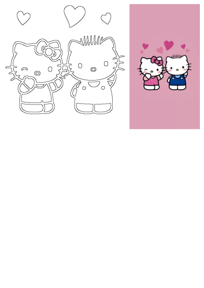 Hello Kitty wallpaper featuring two characters in pink and blue, surrounded by hearts on a soft pink background, alongside a matching outline design.