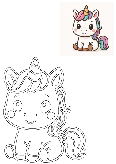 A cute cartoon baby unicorn sitting, with a colorful mane and horn, alongside its black outline version for drawing.
