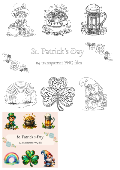 St. Patrick's Day Clipart PNG bundle featuring shamrocks, clovers, pot of gold, leprechaun, rainbow, beer, and gnome designs.