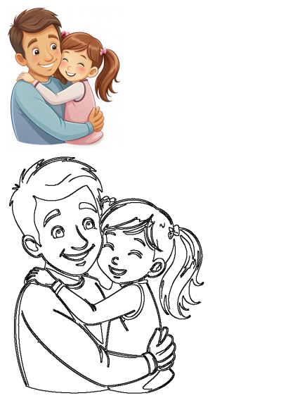 A joyful father-daughter hug cartoon illustration showing a smiling dad embracing his happy child, available in color and as a line art outline.