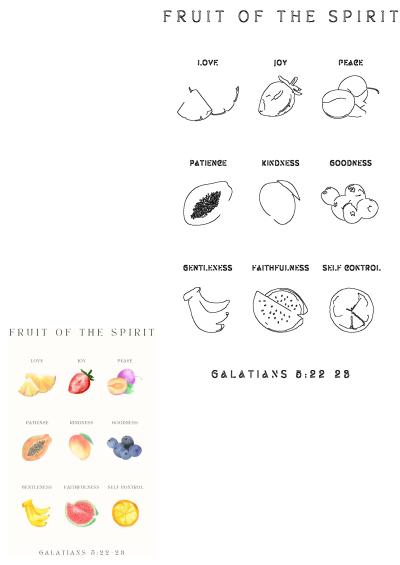 Fruit of the Spirit watercolor and line art with fruits like pineapple and papaya, illustrating Galatians 5:22-23 Bible verse.