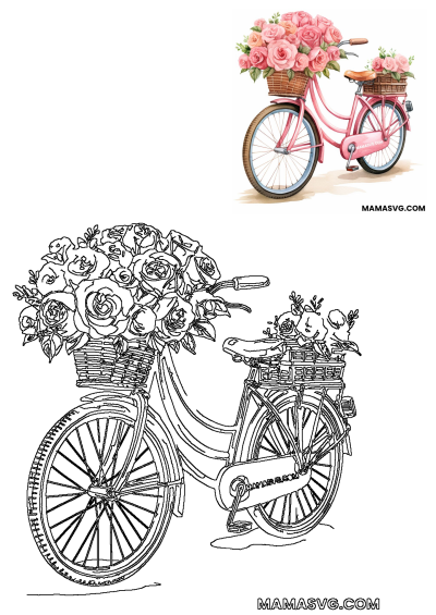 Pink watercolor bicycle adorned with baskets full of lush pink roses. Includes a matching black outline version for projects.