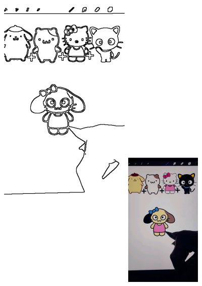 A hand uses a stylus to digitally draw and color various popular Sanrio characters like Hello Kitty and Pompompurin on a tablet screen.