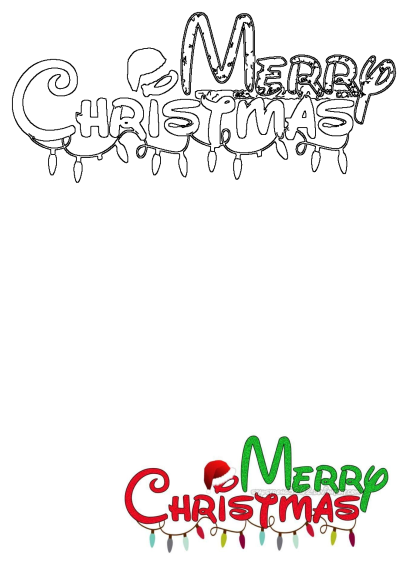 Festive Merry Christmas lettering with green and red glitter, a Santa hat, and colorful string lights. Includes a black and white outline version.