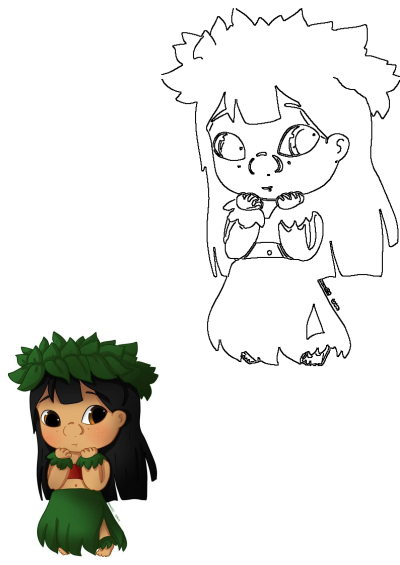 A cute Lilo cartoon character with a leaf crown and grass skirt, presented alongside its simple outline version.