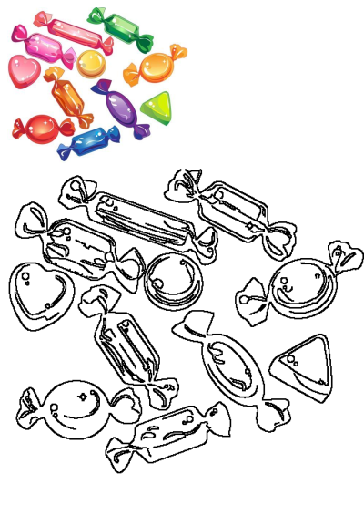 Vibrant assorted candies, including wrapped sweets, hearts, and triangles, with corresponding black and white outlines.