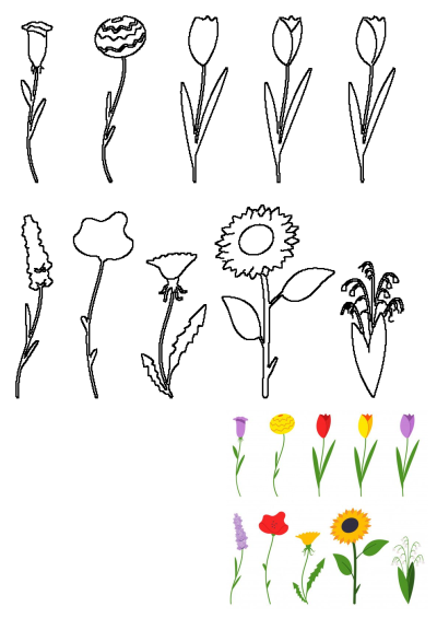 A collection of colorful flower illustrations including sunflowers, daisies, and tulips, along with their black-and-white outlines.