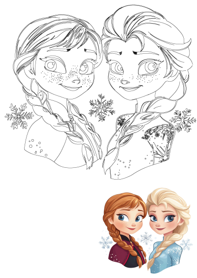 Vibrant cartoon portrait of Frozen's Princess Anna and Queen Elsa smiling, paired with an outline drawing featuring snowflakes.