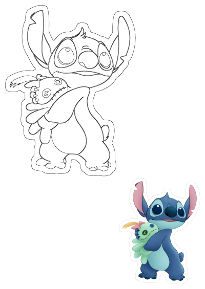 Stitch, the beloved blue alien, holds his green Scrump doll and looks at the camera. Includes a line art version for coloring.