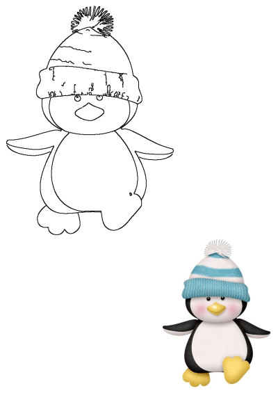 A cute cartoon penguin wearing a blue and white striped winter hat with a white pom-pom, sitting. Includes an outline drawing.