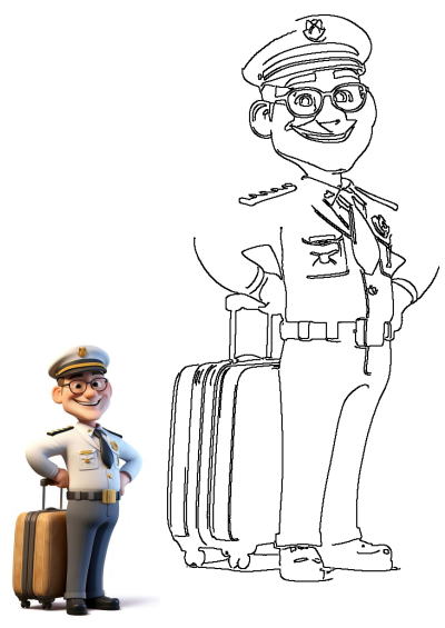 A smiling 3D cartoon airport worker in uniform with a suitcase, alongside a larger outline drawing of a similar character.