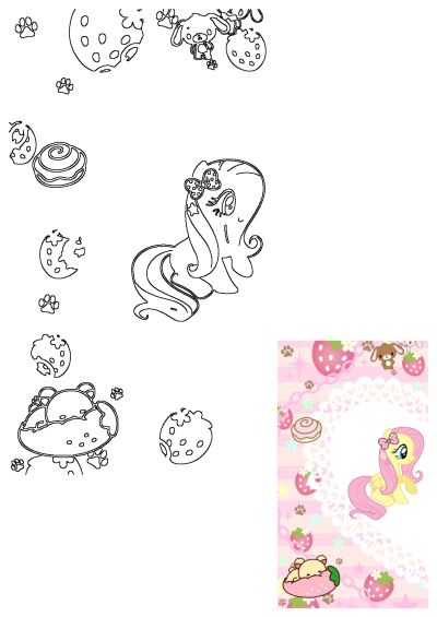 Cute Fluttershy, strawberry, puppy, and bear kawaii background in pink with stars and lace. Also includes outline elements for drawing.
