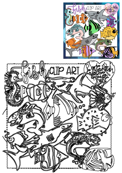 Colorful Fish Clip Art Assortment Sea Creatures Digital Art featuring a seahorse, clownfish, sharks, and various tropical fish.