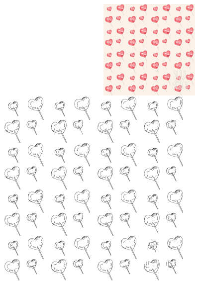 Repeating outline pattern of heart-shaped lollipops on a white background, accompanied by a vibrant red colored version on beige.
