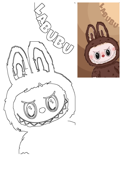 A playful Labubu brown monster cartoon illustration featuring the character with bunny ears, rosy cheeks, and a wide grin, alongside its outline art.