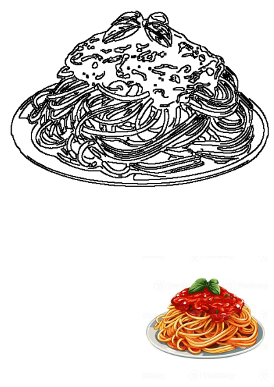 Illustration of Italian spaghetti served on a plate with rich red sauce and fresh basil. Features both a detailed line art and a vibrant color version.