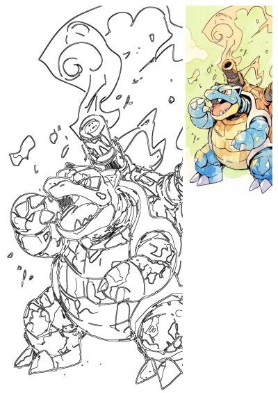 Stunning watercolor illustration of Blastoise, showcasing its blue shell, powerful cannons, and dynamic water effects, next to its detailed line art.